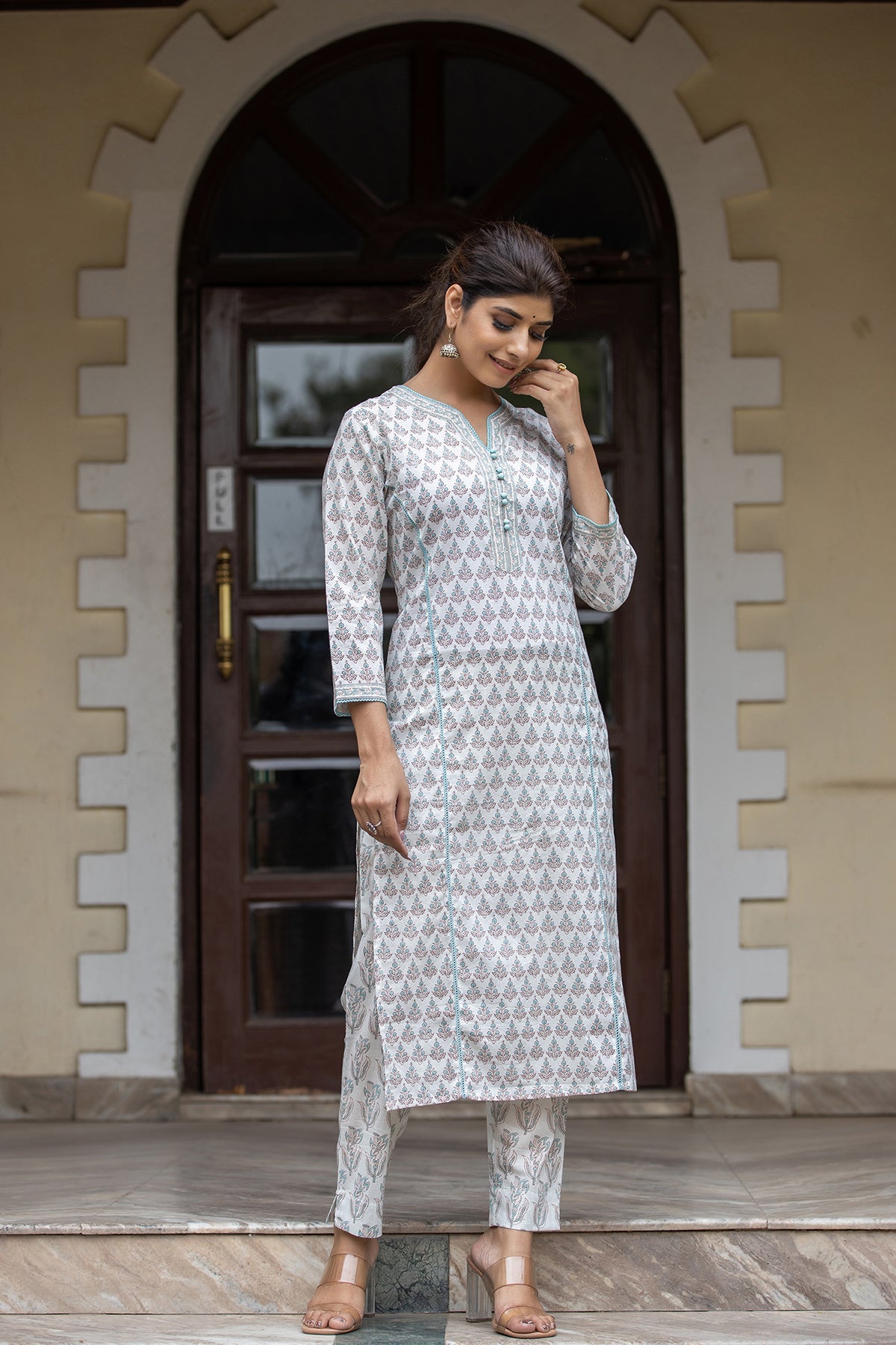 Kaajh Women's White Sea Green Printed Cotton Casual Kurta Pant Set | Grocsy