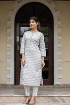 Kaajh Women's White Sea Green Printed Cotton Casual Kurta Pant Set | Grocsy