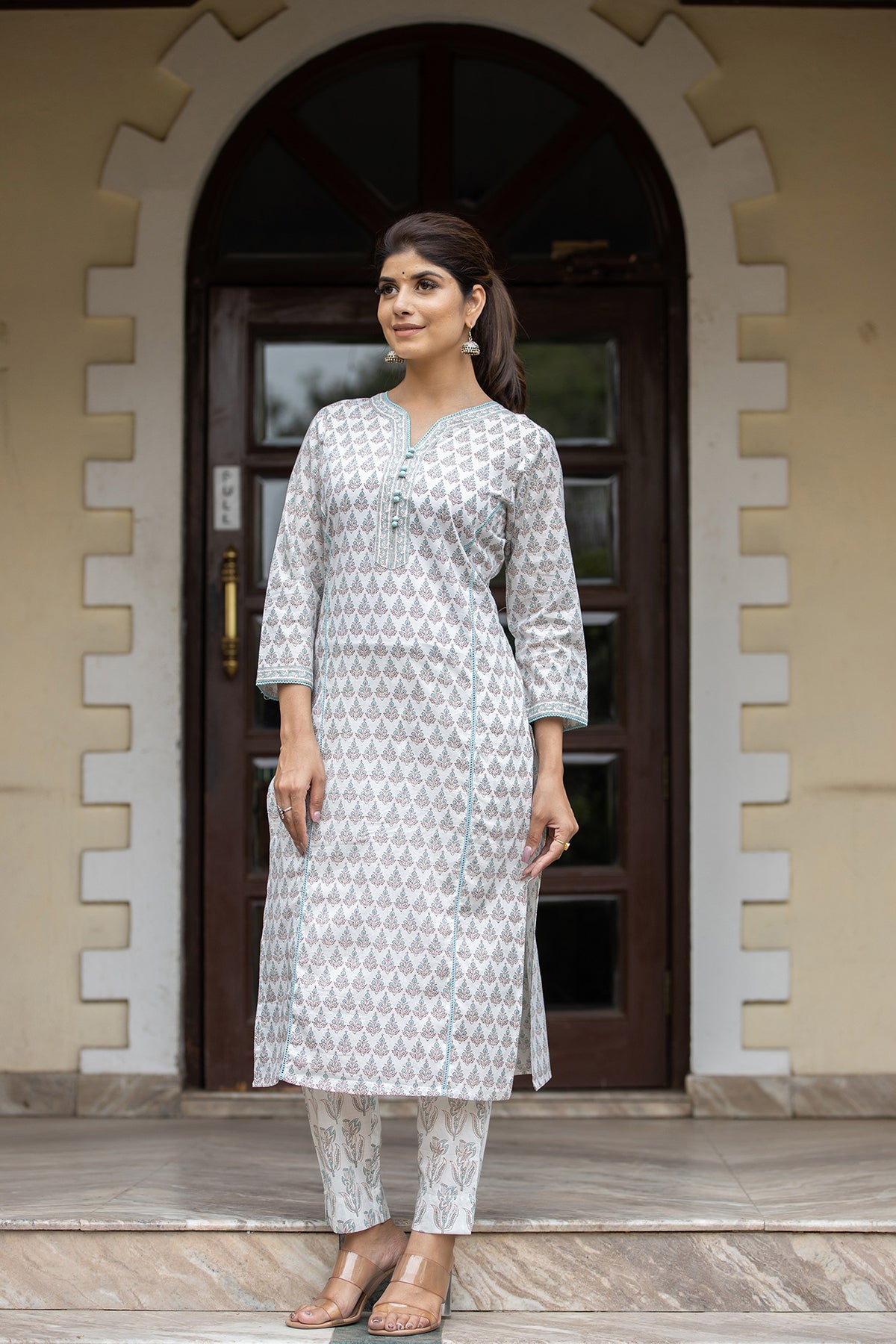 Kaajh Women's White Sea Green Printed Cotton Casual Kurta Pant Set | Grocsy