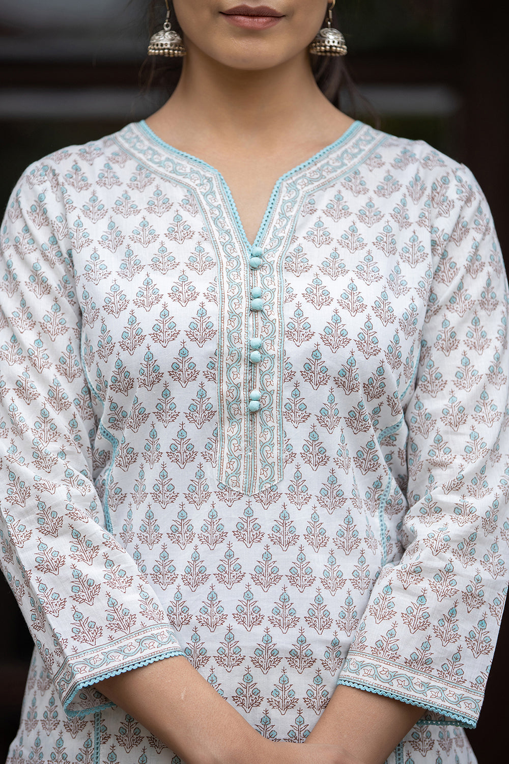 Kaajh Women's White Sea Green Printed Cotton Casual Kurta Pant Set | Grocsy