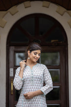 Kaajh Women's White Sea Green Printed Cotton Casual Kurta Pant Set | Grocsy