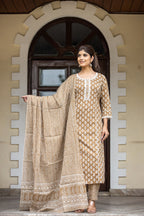 Kaajh Women's Coffee Brown Floral Printed Cotton Kurta Pant Dupatta Set | Grocsy