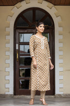 Kaajh Women's Coffee Brown Floral Printed Cotton Kurta Pant Dupatta Set | Grocsy