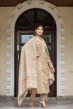 Kaajh Women's Coffee Brown Floral Printed Cotton Kurta Pant Dupatta Set | Grocsy