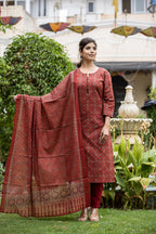 Kaajh Women's Maroon Printed Cotton Kurta Pant Dupatta Set | Grocsy