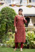 Kaajh Women's Maroon Printed Cotton Kurta Pant Dupatta Set | Grocsy