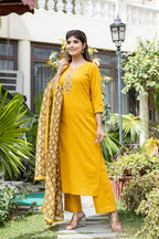 Kaajh Women's Yellow Zari Embroidery Kurta Pant Set With Dupatta | Grocsy