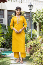 Kaajh Women's Yellow Zari Embroidery Kurta Pant Set With Dupatta | Grocsy