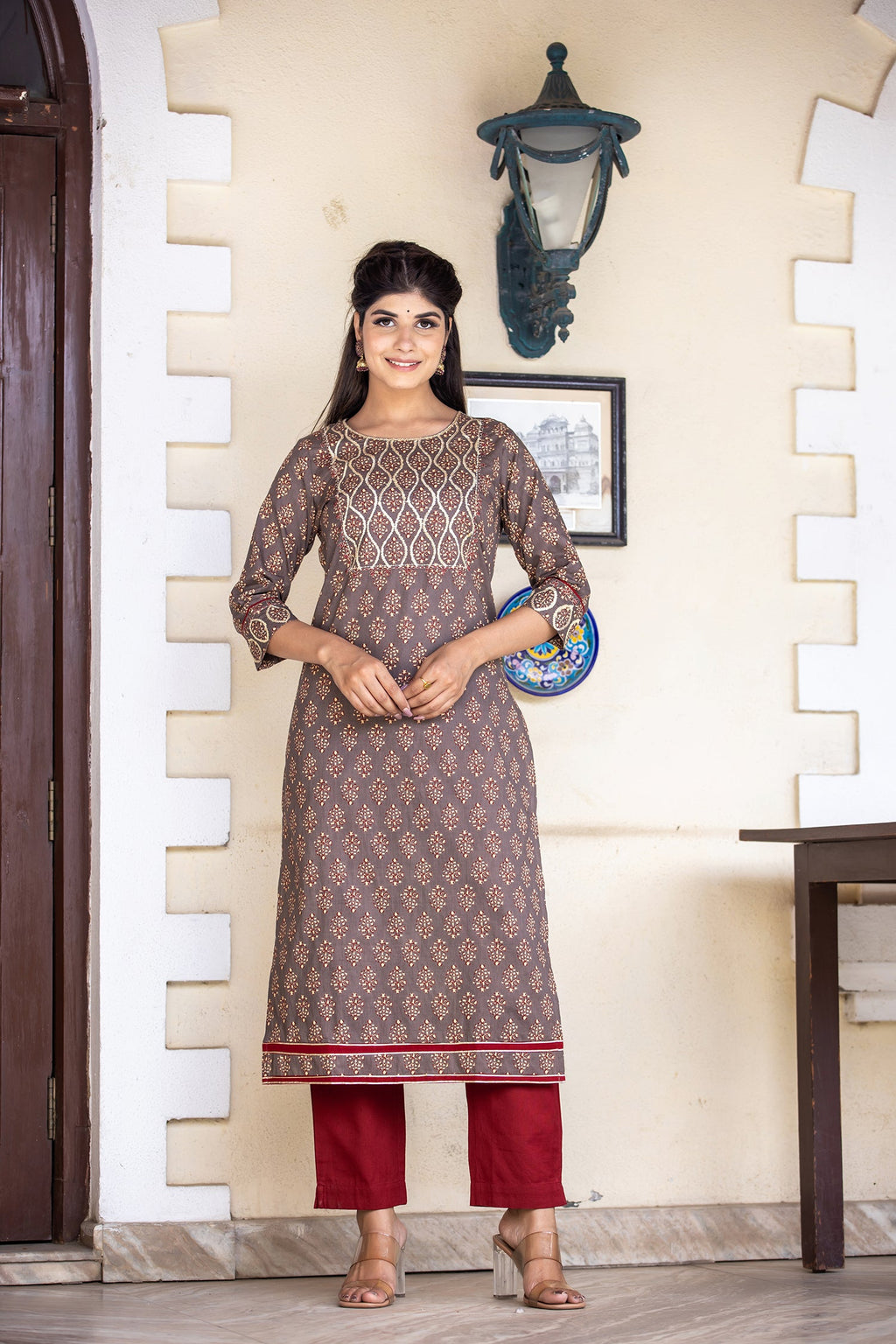 Kaajh Women's Brown Bagru Print Kurta Pant Set | Grocsy
