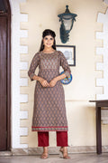 Kaajh Women's Brown Bagru Print Kurta Pant Set | Grocsy