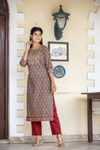 Kaajh Women's Brown Bagru Print Kurta Pant Set | Grocsy