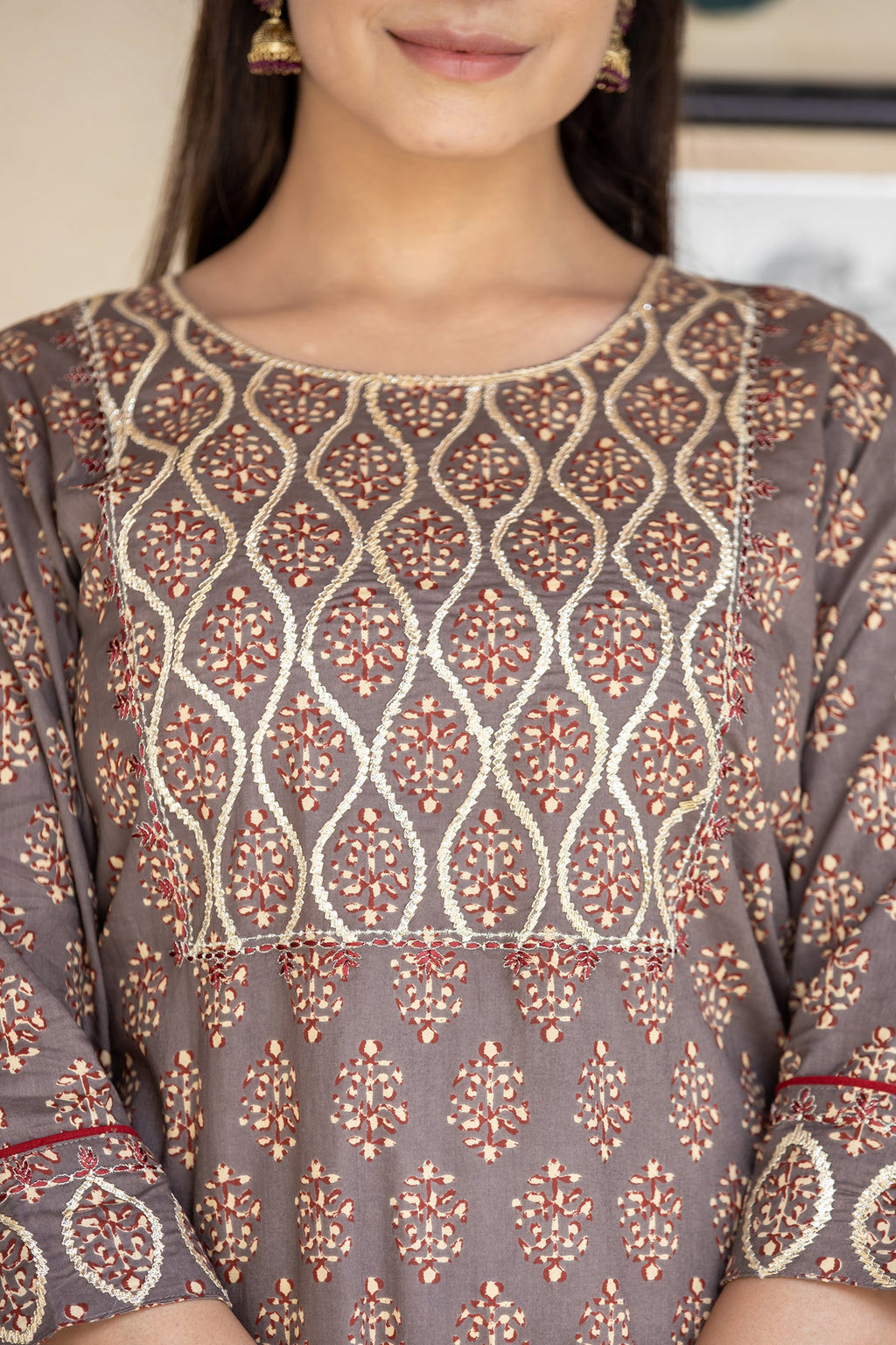 Kaajh Women's Brown Bagru Print Kurta Pant Set | Grocsy