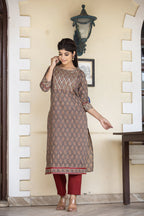 Kaajh Women's Brown Bagru Print Kurta Pant Set | Grocsy