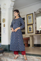Kaajh Women's Blue Bagru Print Kurta Pant Set | Grocsy