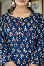Kaajh Women's Blue Bagru Print Kurta Pant Set | Grocsy
