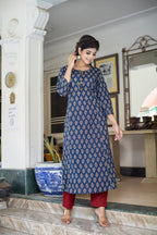 Kaajh Women's Blue Bagru Print Kurta Pant Set | Grocsy