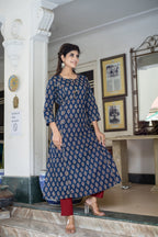 Kaajh Women's Blue Bagru Print Kurta Pant Set | Grocsy