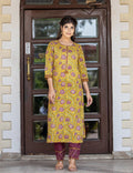 Kaajh Women's Yellow Purple Cotton Kurta Pant Set | Grocsy