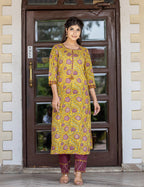 Kaajh Women's Yellow Purple Cotton Kurta Pant Set | Grocsy