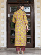 Kaajh Women's Yellow Purple Cotton Kurta Pant Set | Grocsy
