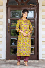 Kaajh Women's Yellow Purple Cotton Kurta Pant Set | Grocsy