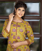 Kaajh Women's Yellow Purple Cotton Kurta Pant Set | Grocsy