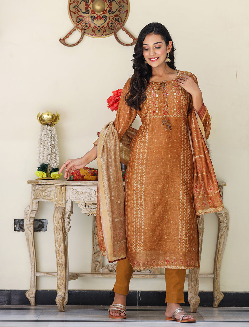 Kaajh Women's Mustard Yellow Chanderi Kurta Set With Trouser And Dupatta | Grocsy