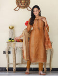 Kaajh Women's Mustard Yellow Chanderi Kurta Set With Trouser And Dupatta | Grocsy