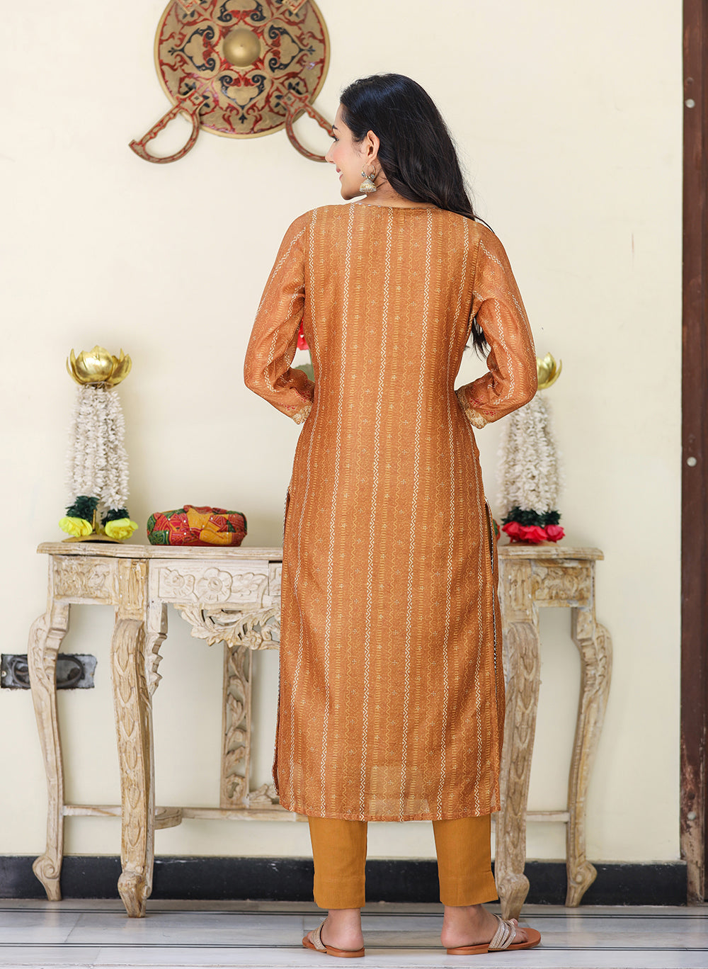 Kaajh Women's Mustard Yellow Chanderi Kurta Set With Trouser And Dupatta | Grocsy