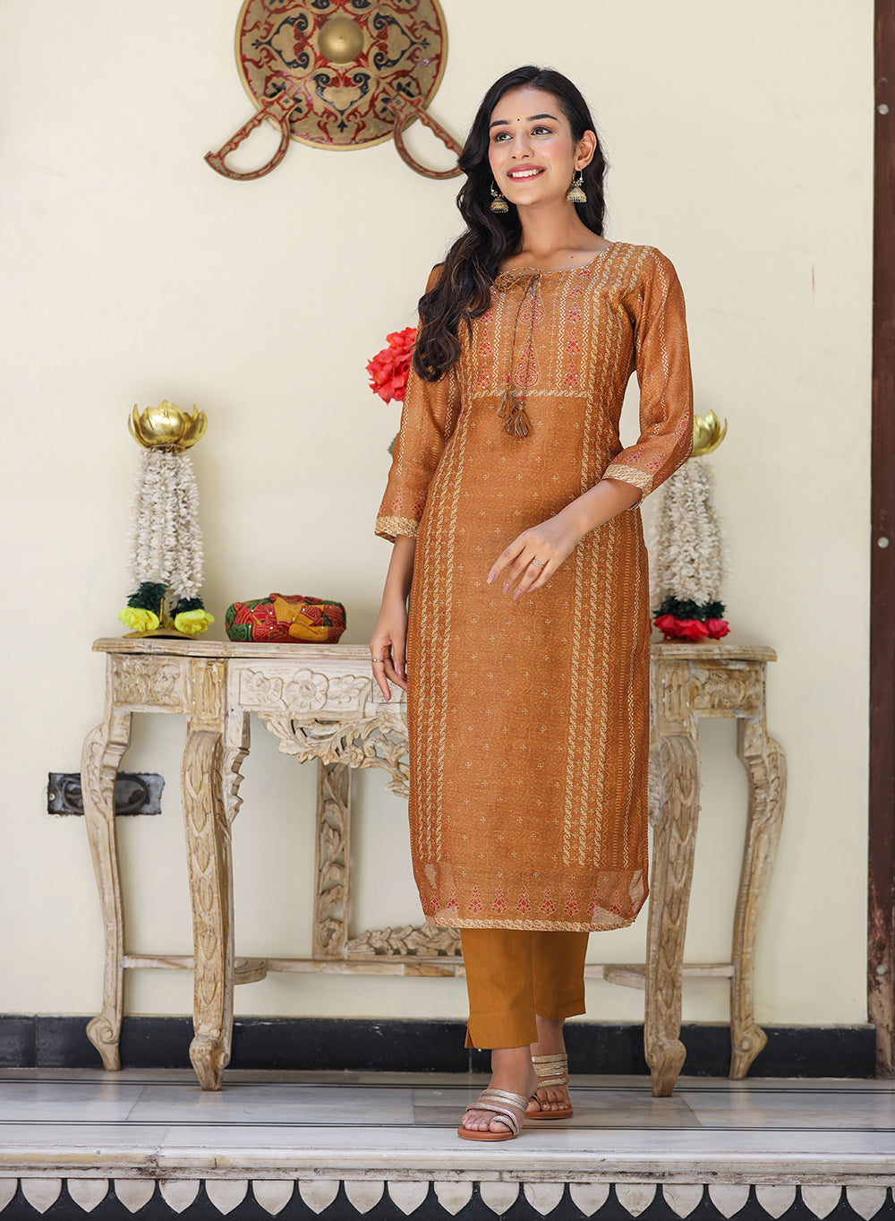 Kaajh Women's Mustard Yellow Chanderi Kurta Set With Trouser And Dupatta | Grocsy