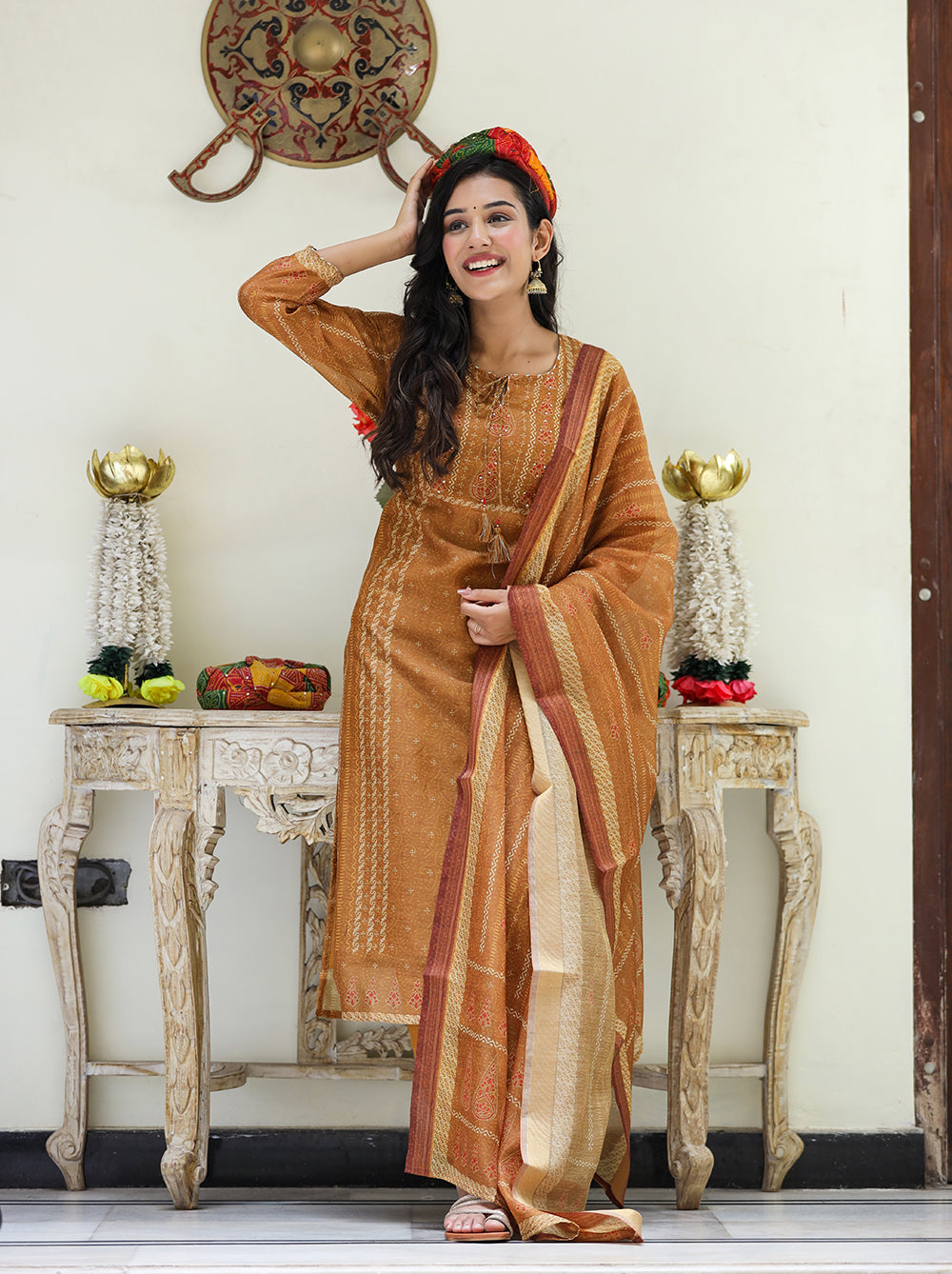 Kaajh Women's Mustard Yellow Chanderi Kurta Set With Trouser And Dupatta | Grocsy