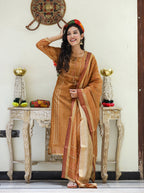 Kaajh Women's Mustard Yellow Chanderi Kurta Set With Trouser And Dupatta | Grocsy