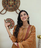 Kaajh Women's Mustard Yellow Chanderi Kurta Set With Trouser And Dupatta | Grocsy