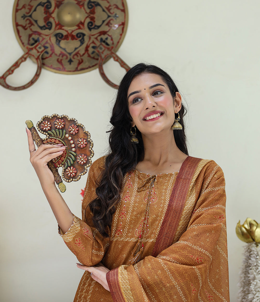 Kaajh Women's Mustard Yellow Chanderi Kurta Set With Trouser And Dupatta | Grocsy