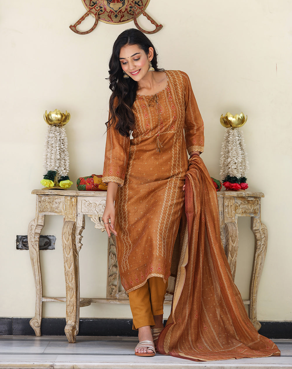 Kaajh Women's Mustard Yellow Chanderi Kurta Set With Trouser And Dupatta | Grocsy