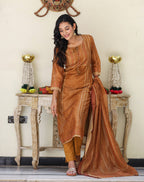 Kaajh Women's Mustard Yellow Chanderi Kurta Set With Trouser And Dupatta | Grocsy