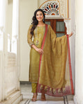 Kaajh Women's Mehndi Green Chanderi Kurta Set With Dupatta And Pant | Grocsy