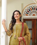Kaajh Women's Mehndi Green Chanderi Kurta Set With Dupatta And Pant | Grocsy
