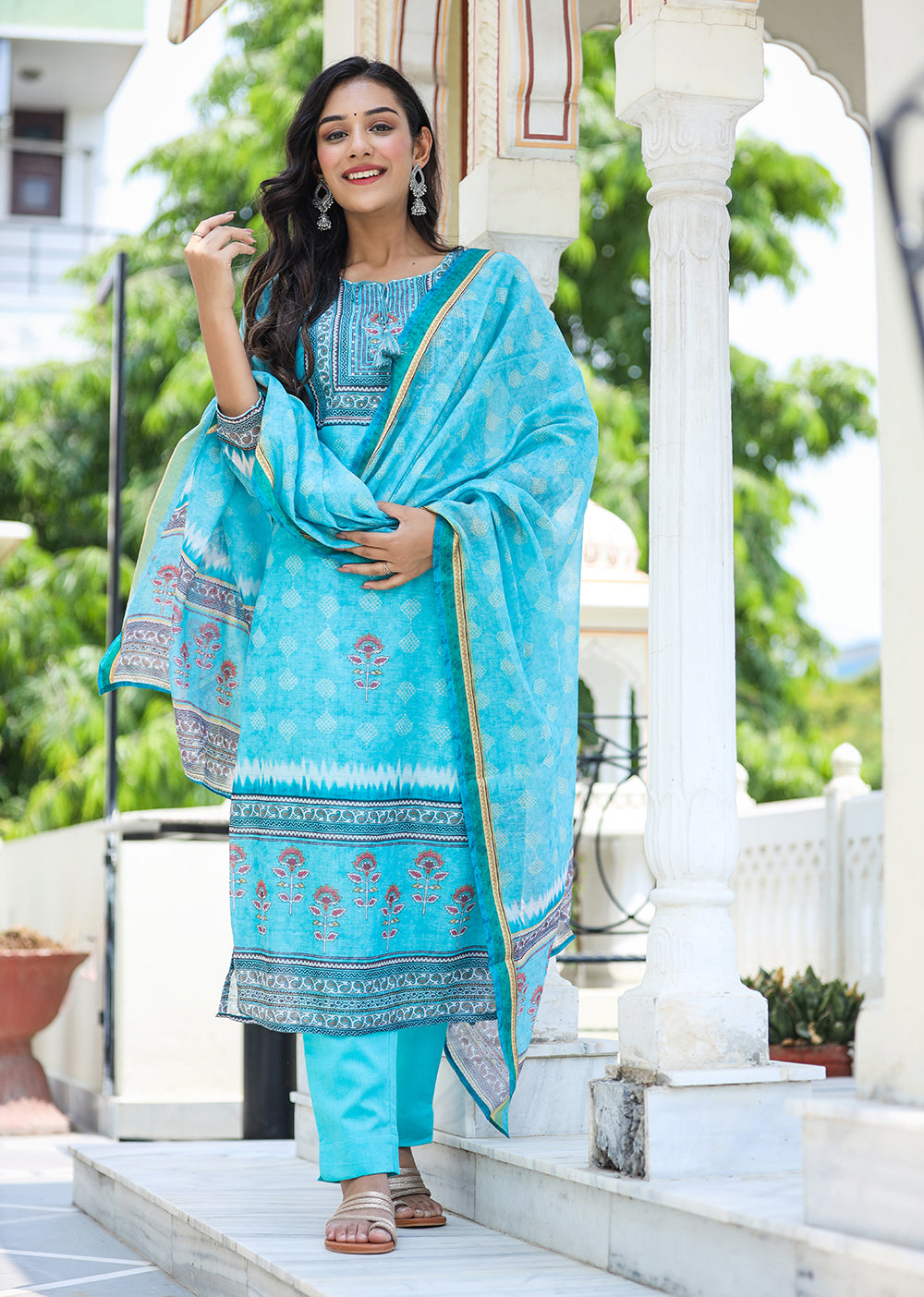 Kaajh Women's Sky Blue Ethnic Chanderi Kurta Set With Trouser And Dupatta | Grocsy