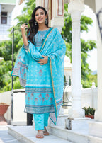 Kaajh Women's Sky Blue Ethnic Chanderi Kurta Set With Trouser And Dupatta | Grocsy