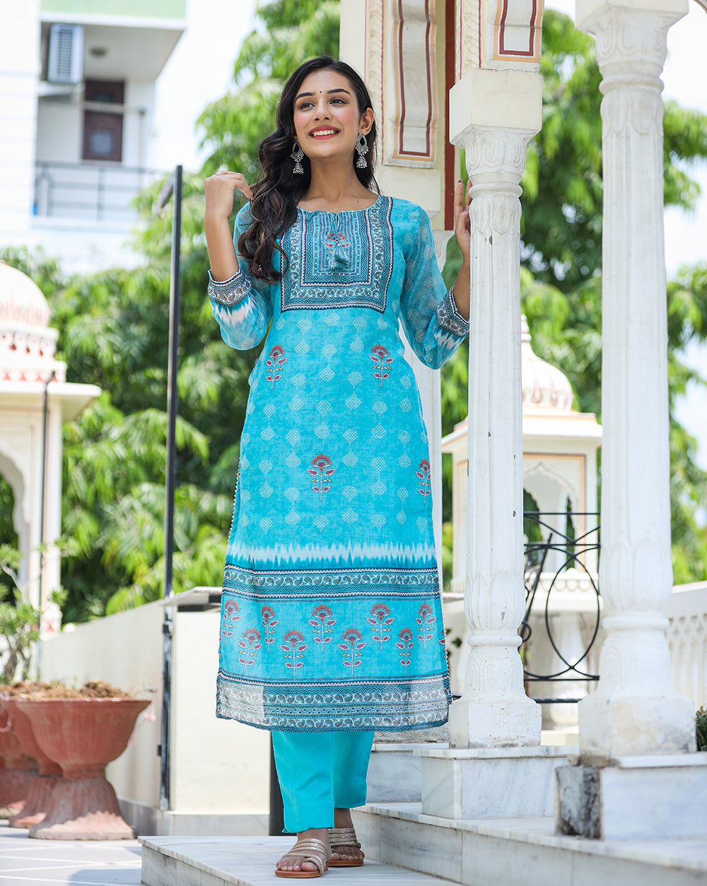 Kaajh Women's Sky Blue Ethnic Chanderi Kurta Set With Trouser And Dupatta | Grocsy