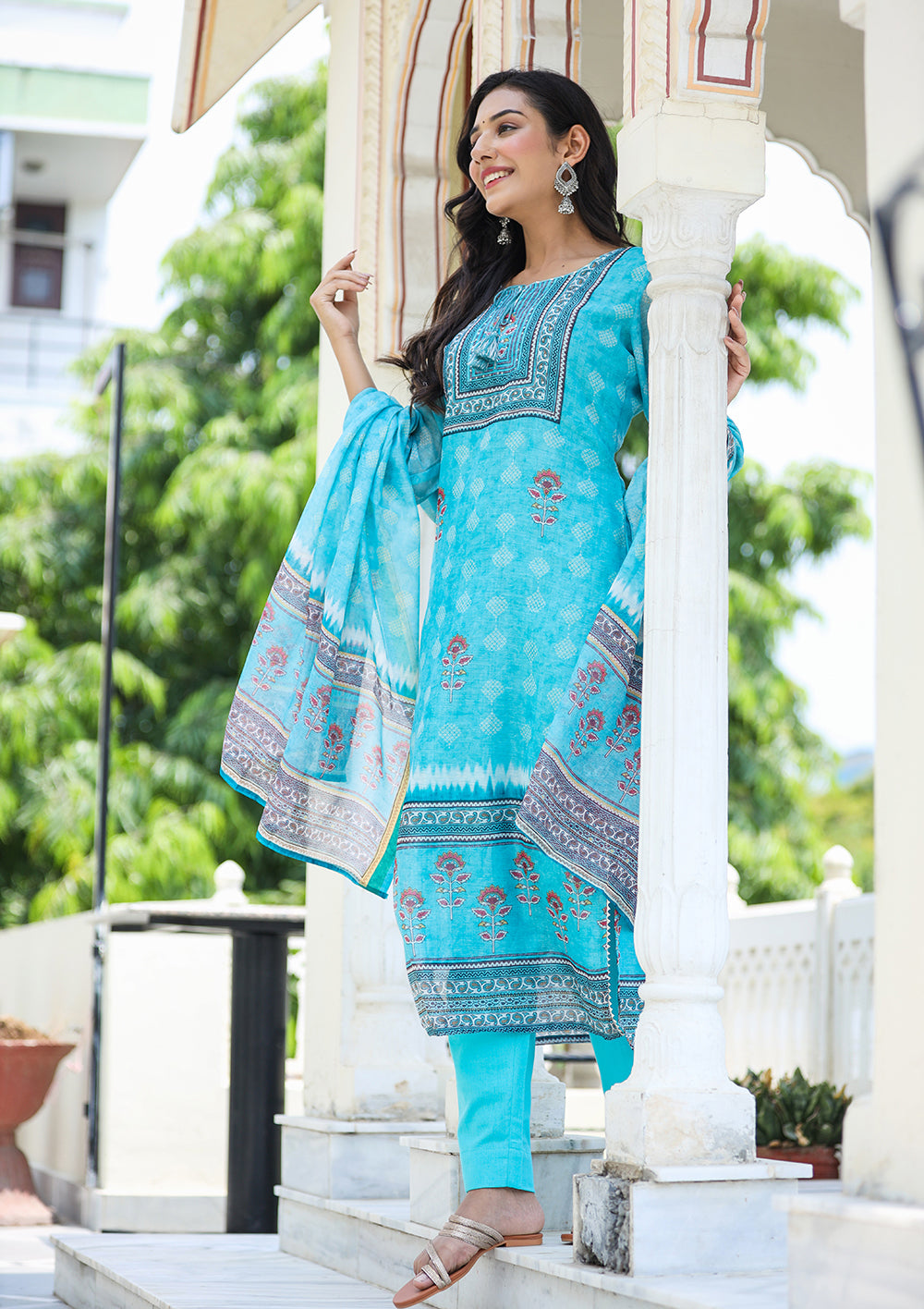 Kaajh Women's Sky Blue Ethnic Chanderi Kurta Set With Trouser And Dupatta | Grocsy