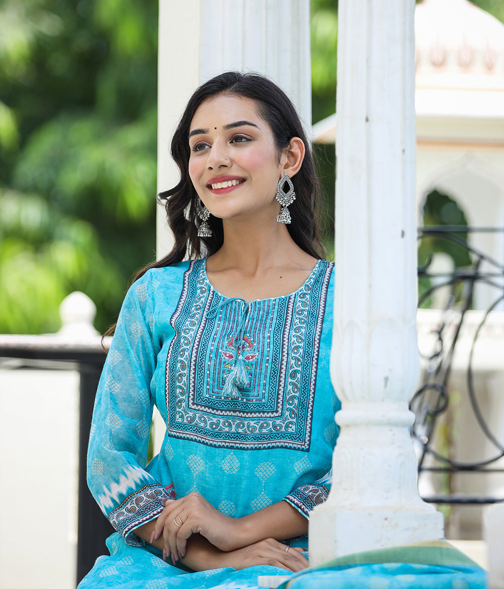 Kaajh Women's Sky Blue Ethnic Chanderi Kurta Set With Trouser And Dupatta | Grocsy