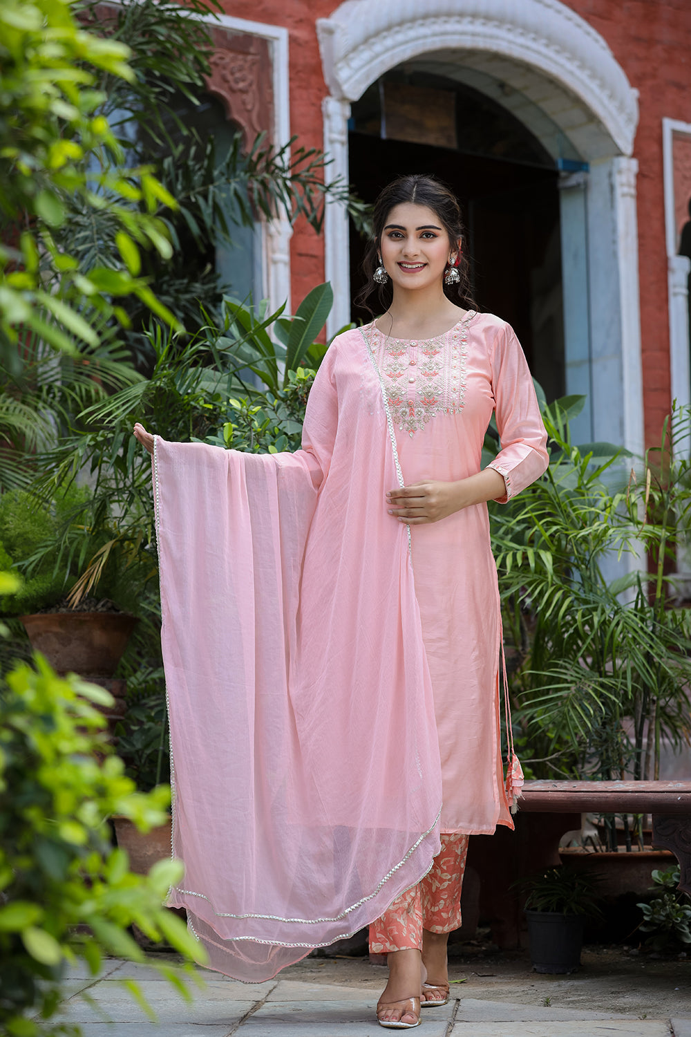 Kaajh Women's Pink Floral Modal Silk Suit Set | Grocsy