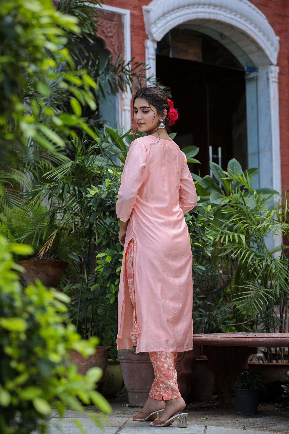 Kaajh Women's Pink Floral Modal Silk Suit Set | Grocsy