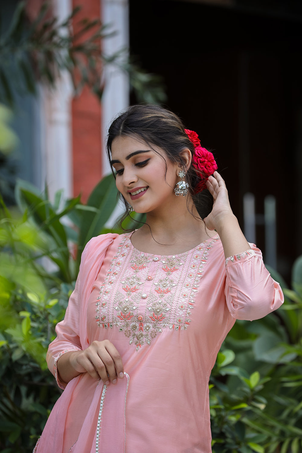 Kaajh Women's Pink Floral Modal Silk Suit Set | Grocsy