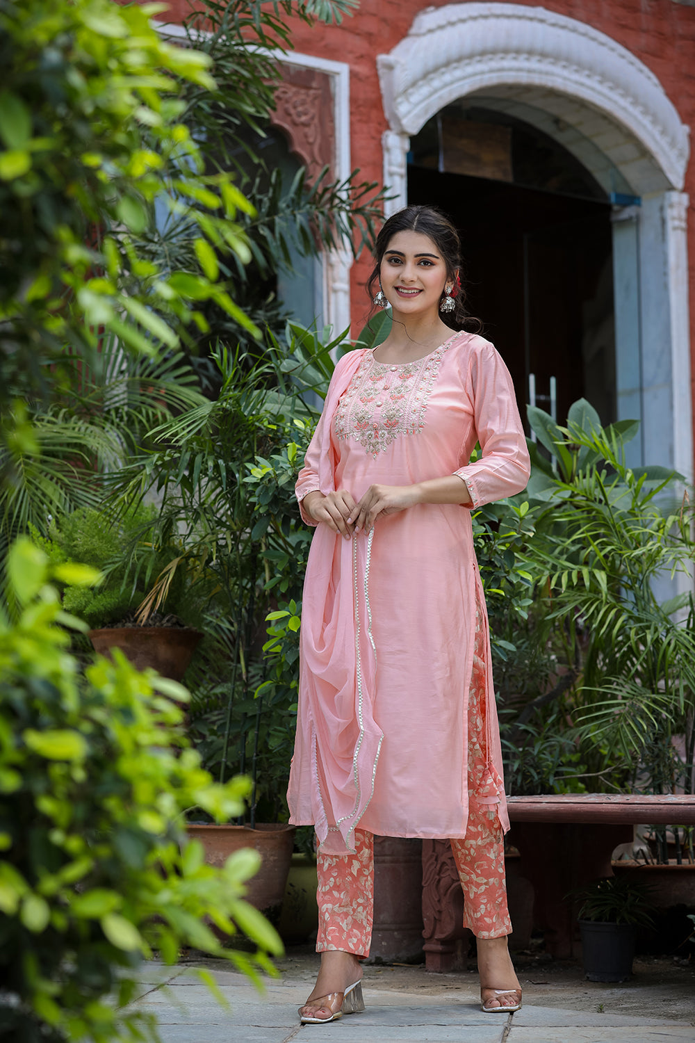 Kaajh Women's Pink Floral Modal Silk Suit Set | Grocsy