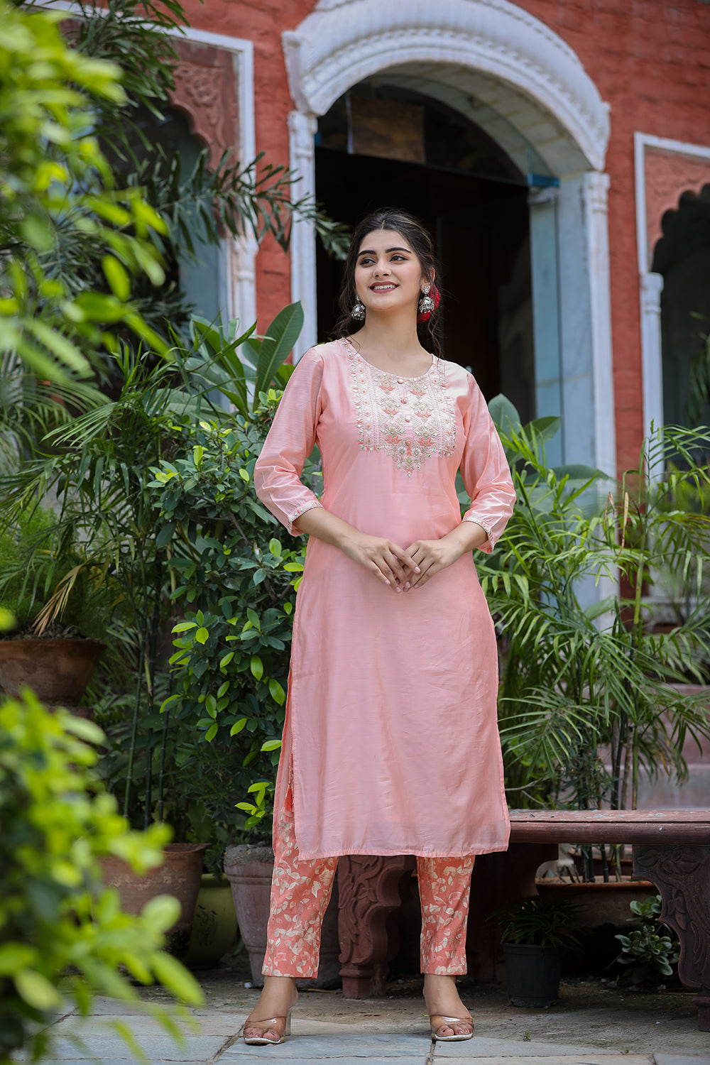 Kaajh Women's Pink Floral Modal Silk Suit Set | Grocsy