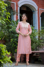 Kaajh Women's Pink Floral Modal Silk Suit Set | Grocsy