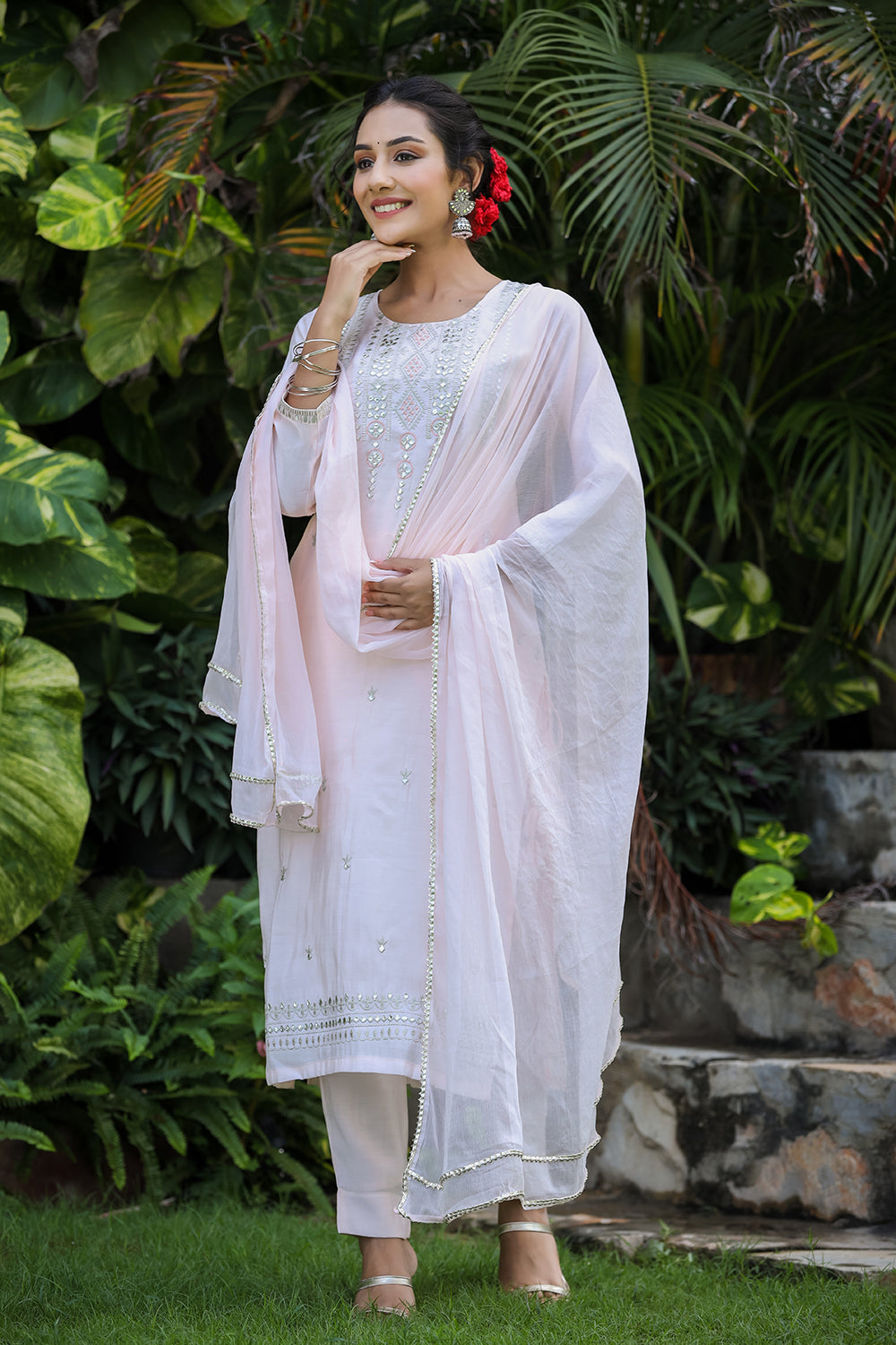Kaajh Women's Baby Pink Modal Silk Suit Set | Grocsy